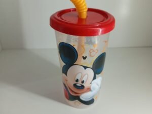 VASO PARA NIÑOS DE MICKEY MOUSE Y STICH CON TAPA Y BOMBILLA CORRUGADA